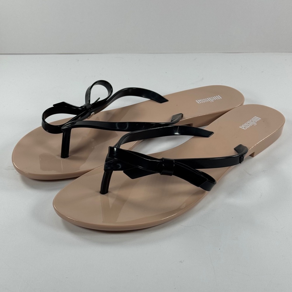Melissa Harmonic Sweet Bow Thong Sandals Black Beige Vegan Jelly Flip Flops 10 - Picture 5 of 13